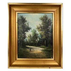 Alain Bonnaud (20th Century), Small Oil On Canvas. "woman On A Path In The Forest"