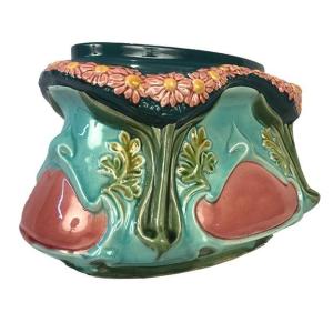 Polychrome Earthenware Planter Decorated With A Garland Of Flowers
