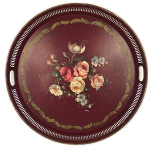 Large Circular Painted Sheet Metal Tray Decorated With Flowers, Signed Napoleon III