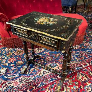 Napoleon III Sewing Table In Blackened Wood, Painted Decoration Of Flowers And Mother-of-pearl Inlays
