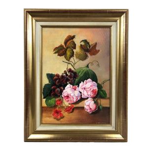 Fleurs Et Fruits, Oil On Canvas XXth Century