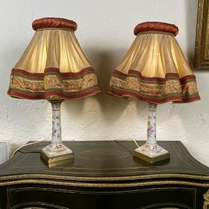 Pair Of Porcelain Lamps With Flower Design And Skirted Shades, 19th Century