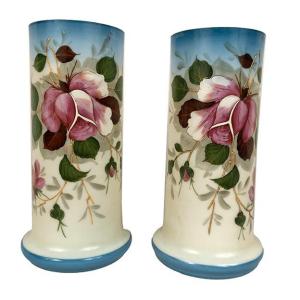 Pair Of Opaline Vases With Enamel Decoration, Late 19th Century