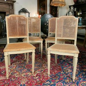 Set Of Four Louis XVI-style Grey Lacquered Wood Chairs, Late 19th Century