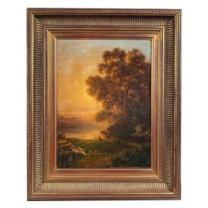 "animated Landscape At Sunset", Oil On Canvas XIXth
