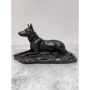 Bronze Animal Sculpture Of A Reclining German Shepherd Dog By Jean Joire