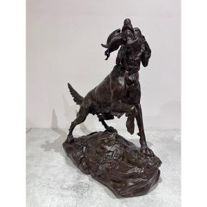 Bronze Animal Sculpture Of A Setter Dog "miss" And A Woodcock By Arthur Marie Gabriel, Count Of The Passage