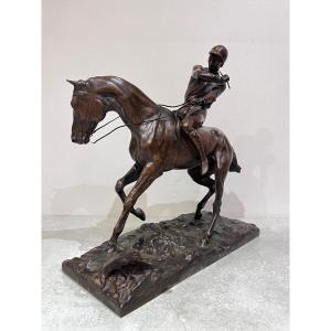Equestrian Bronze Sculpture "the Polo Player" By Joseph Cuvelier, C.1860