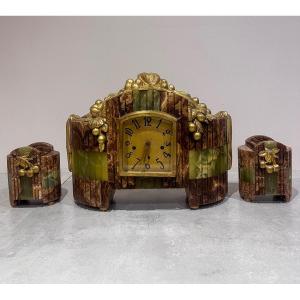 Art Deco Fireplace Set, Clock And Censels