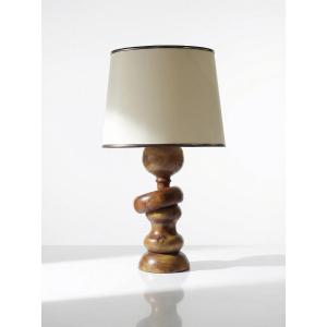 Impressive Vintage Design Lamp In Turned And Carved Wood With A Mid-century Ring