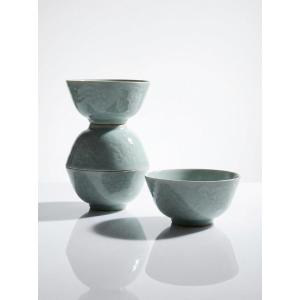 4 Vintage Celadon Porcelain Chinese Rice Bowls From The 1970s-80s With Koi Carp Reliefs