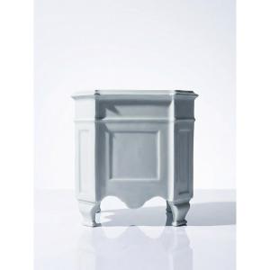 Square Cachepot With Feet In Celadon Limoges Porcelain, Rococo Style