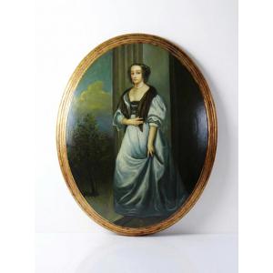 Large Elegant Medallion Portrait, Oil On Convex Venetian Wood, 1960s-70s