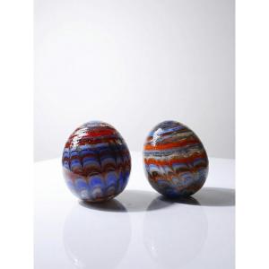 Pair Of Vintage Murano Glass Eggs, Blown From A Cane, Circa 1950