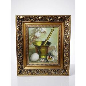 Still Life With Garlic, Egg And Mortar, Signed Sarpe, 1979, Oil On Canvas, Framed