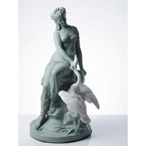 Two-tone Biscuit Porcelain Figure By Letu & Mauger, Leda And The Swan, 19th Century, Celadon & White