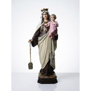 Stucco Statuette Of Our Lady Of Mount Carmel, Olot Workshops, Glass Eyes, 1920-1930