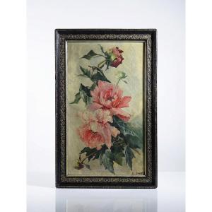 Large Antique Painting Of Peonies, Signed E. Jacque, Late 19th/early 20th Century