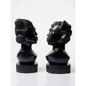 Pair Of Malagasy Busts Carved From Dark Exotic Wood, Craftsmanship From The 1940s-1970s