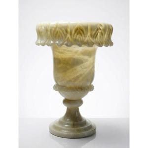Lamp Body, Vase, Medici Planter In Beige-white Alabaster, Italy, 20th Century