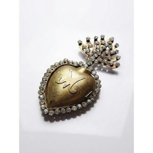 Wall-mounted Ex-voto In The Form Of A Flaming Heart Of Marie Pomponne, Set With Rhinestones, 19th-20th Century