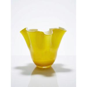Fazzoletto Vase In Italian Blown Glass, Yellow-lined Opaline, Murano 1960-70