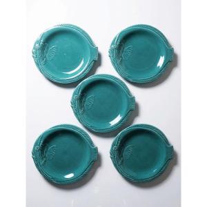 Set Of 5 Turquoise Earthenware Fish-themed Dinner Plates From The 1960s-70s