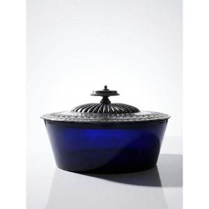 Victorian Bonbonnière, Attributed To George T. & Co., Cobalt Glass And Silver-plated Metal, 19th Century