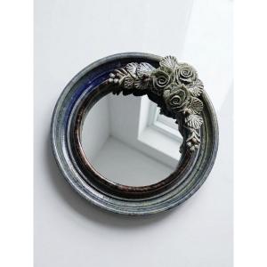 Round Wall Mirror In Blue Stoneware, La Borne Catido, Floral Decoration, 1960 - Damaged