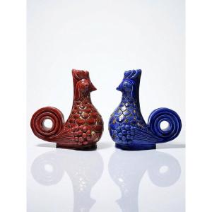Pair Of Glazed Ceramic Rooster Candlesticks, Signed Ag Roger, 1948