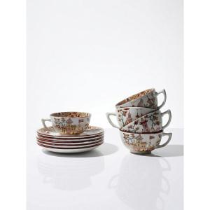 Sarreguemines Kyoto Tea Service, 1900-1920, 5 Cups, 6 Japanese-style Saucers