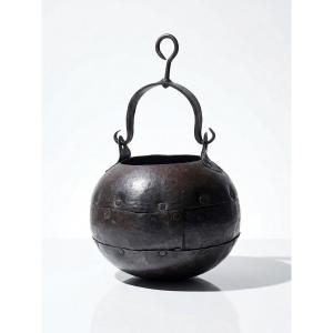 Small Hanging Cauldron In Riveted Wrought Iron, 20th Century Arts & Crafts Style