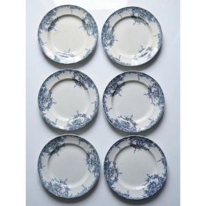 6 Antique Boch Frères Keramis Plates, Dolphin Pattern, Blue Decoration, 19th-20th Century