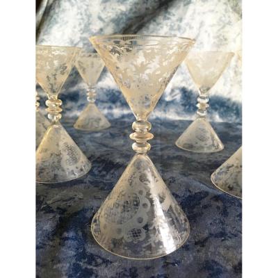 Series Of Six Diabolo Glasses Engraved In The Bohemian Style, 19th Century