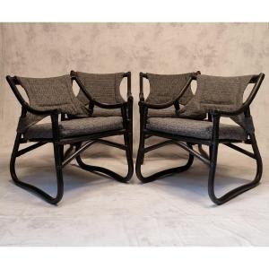 Set Of Four Armchairs - Lacquered Bamboo - Ca 1980