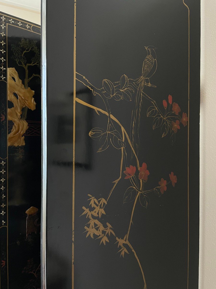 Paravento in lacca nera e pietre dure Cina prima metà XX sec-photo-4