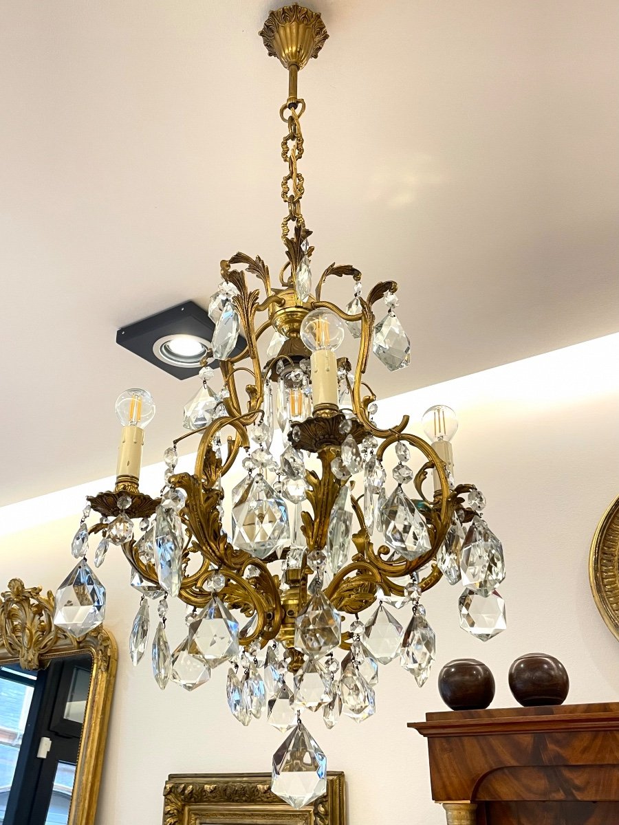 Lampadario francese in bronzo e ottone 5 luci e 4  bracci con pendenti