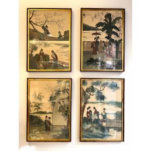 Serie di bellissimi quattro pannelli dipinti dipinti su seta.