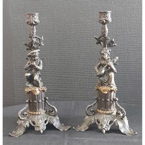 Pair Of Spelter And Bronze Candlesticks, Children Musicians, 19th Century.
