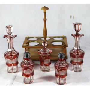 Complete Service Cruet-vinegar 5 Pieces In Bohemian Crystal, Nineteenth