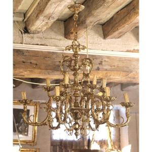 Pair Of Important Gilt Bronze Chandelier, 12 Lights, Twentieth