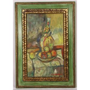 Pinchus Kremegne (1890-1981), Hst “still Life With Bottle And Fruit”, 20th