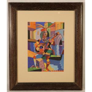 Josef Popczyk (1890-1971), Cubist Gouache “harlequin”, 1926