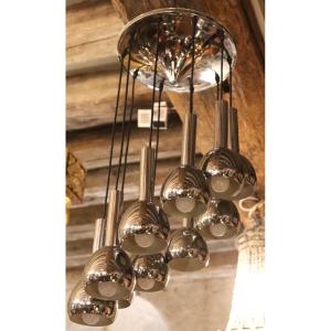 Important Chrome Cascade Chandelier With 10 Spheres (ishii Mokoto?), Year 1970