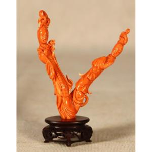 Red Coral Sculpture "goddesses Of Spring", China Late 19th Century