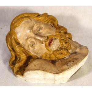Head Of Christ In Polychrome Plaster, 19th Century
