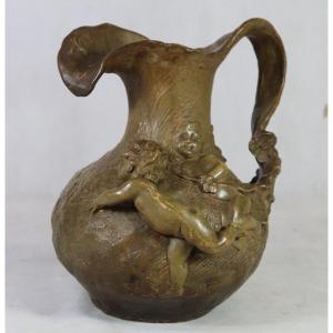 Hans Stoltenberg-lerche (1867-1920), Art Nouveau Terracotta Pitcher With Puttos, Circa 1900