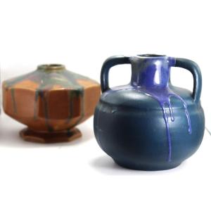 Léon Pointu (1879-1942), Set Of 2 Enameled Stoneware Vases, Signed, 20th
