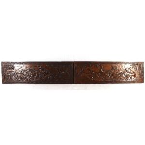 Pair Of Carved Wooden Bas-reliefs "wild Boar And Crocodile Hunting", 20th Century