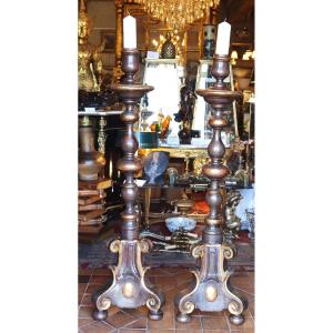 Pair Of Large Polychrome Wooden Candlesticks, 18th Century